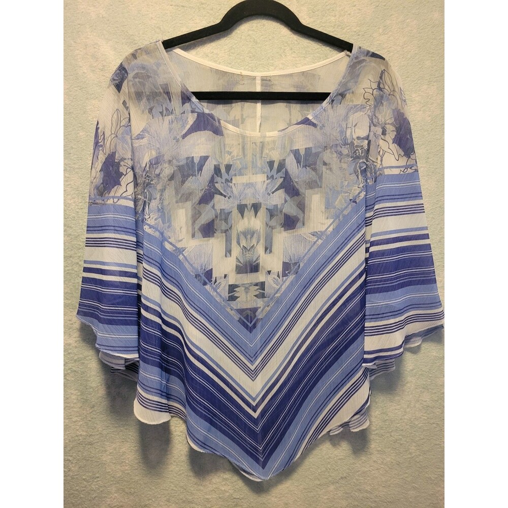 Sheer Blue Shawl Poncho Cover Up Triangle Aztec Geometric Hippie Indie Spring
